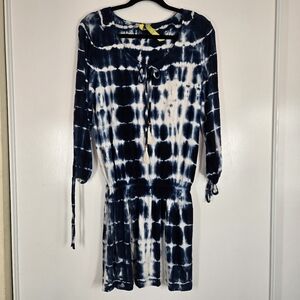 Green Dragon Blue White Tie Dye Blouson Dress Dropped Waist Long Sleeve Mini Pop